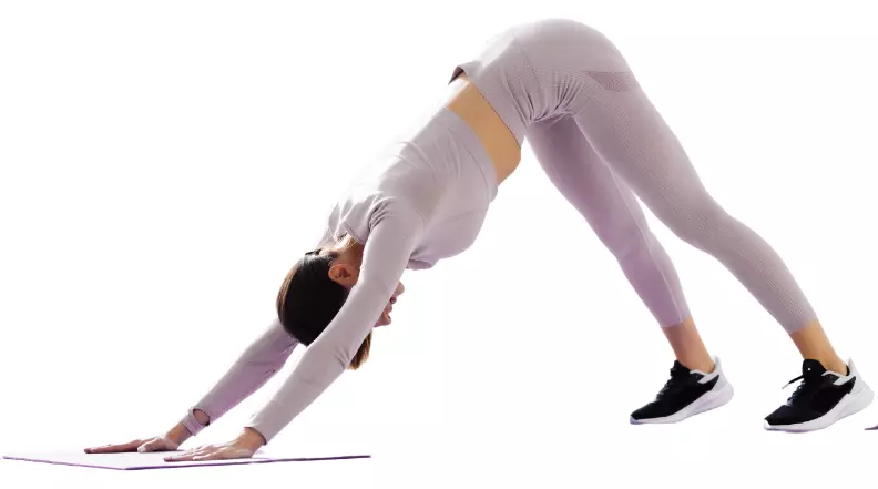 "Yoga woman in Downward Facing Dog Pose with arms and legs straight."