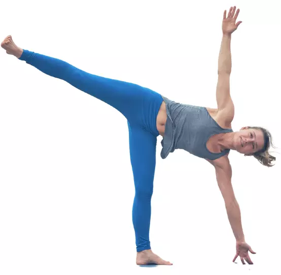 "Yoga practitioner balancing in Half Moon Pose with arm on block."