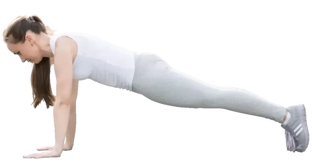 "Yoga woman balancing on her toes in Plank Pose with arms extended."