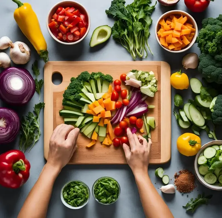 Hands chopping colorful vegetables on a cutting board.