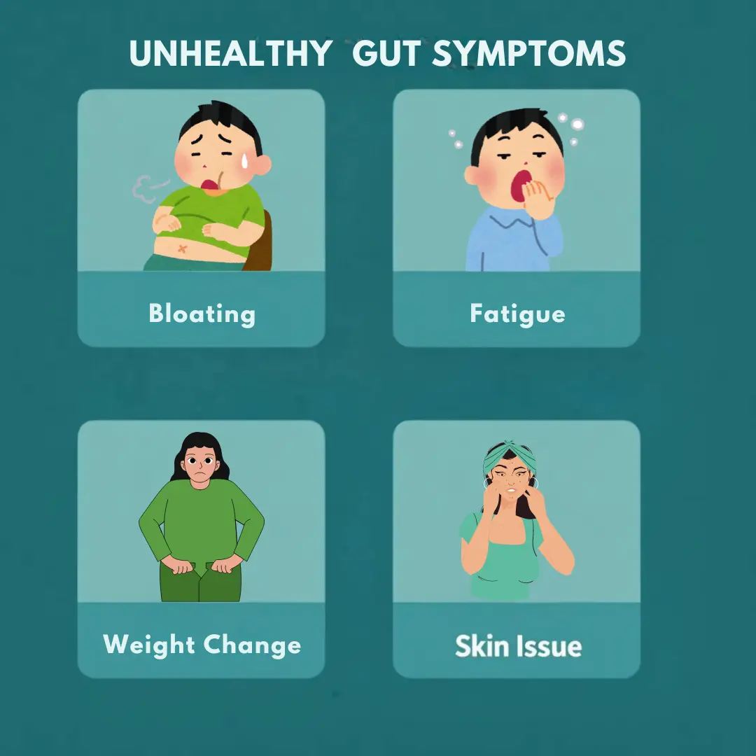 Icons showing symptoms of an unhealthy gut like bloating, fatigue, and skin issues."