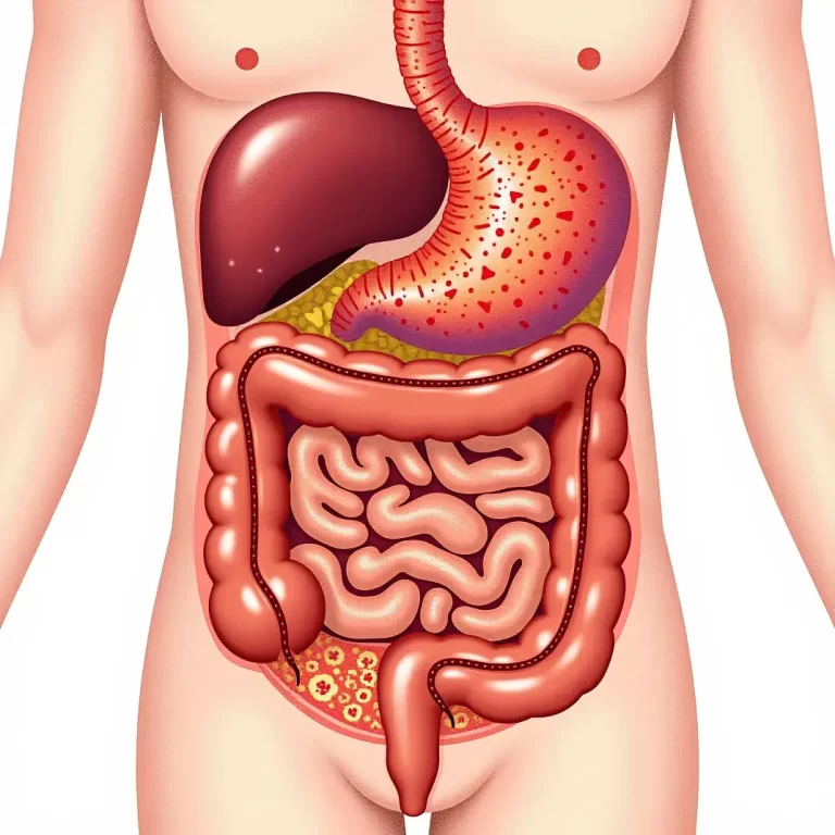 Cross-section of the digestive system showing symptoms of an unhealthy gut.