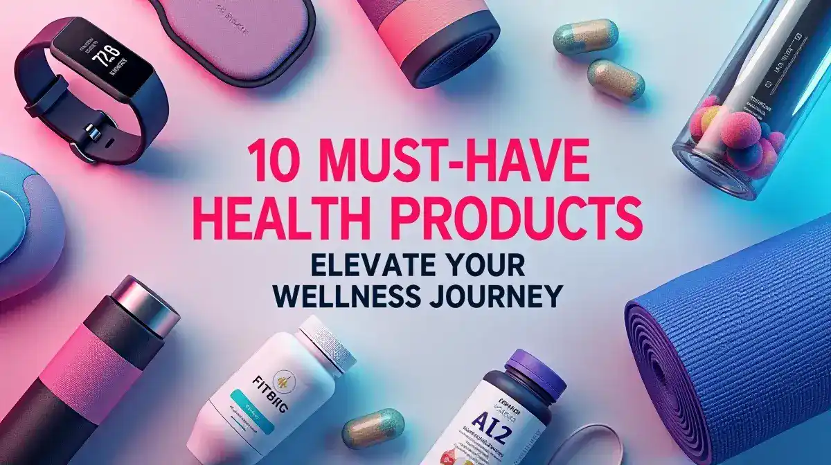 Top 10 health products for 2024, including a Fitbit Charge 5, smart water bottle, portable blender, vitamins, sleep mask, air purifier, and yoga mat.