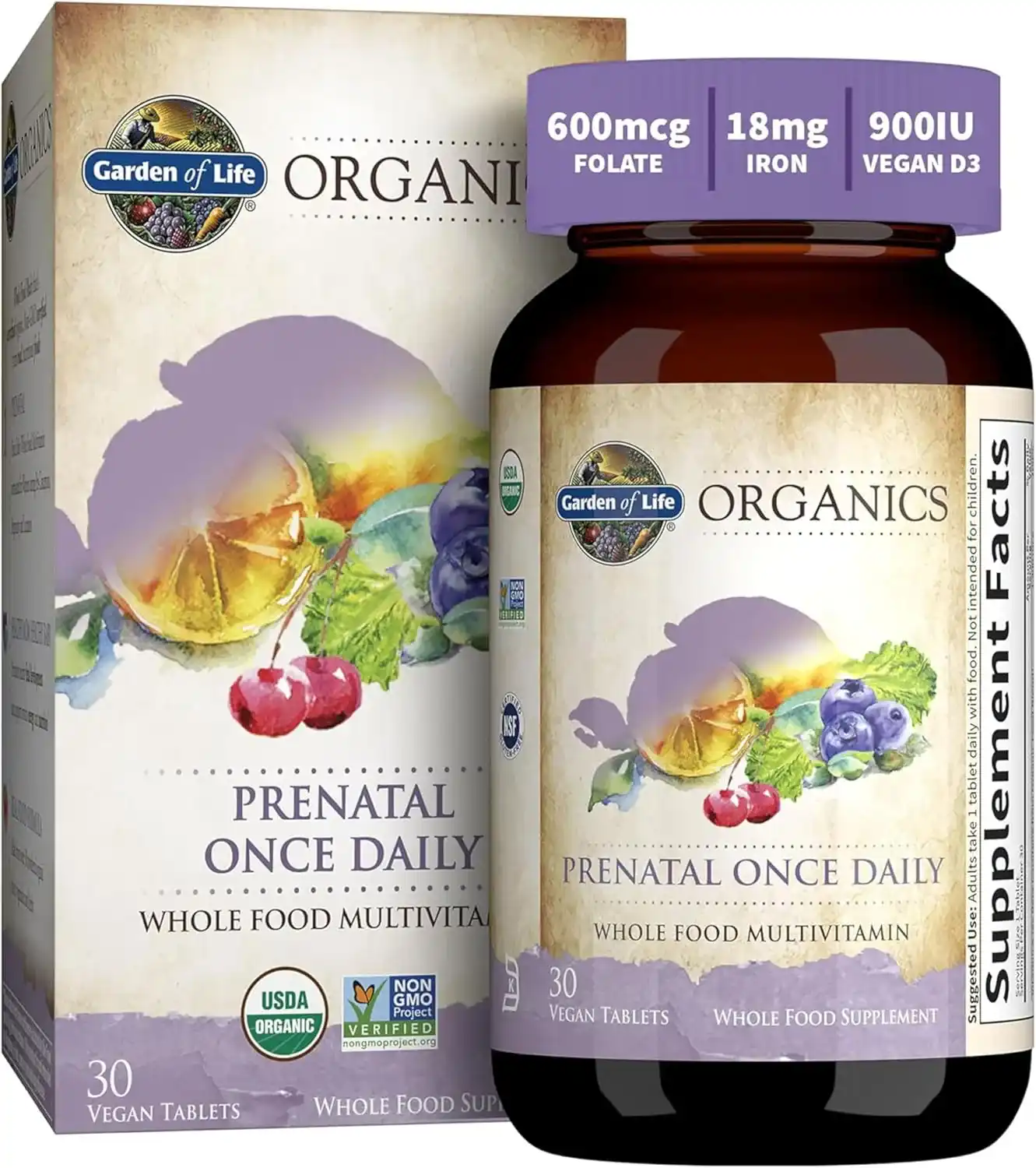  Garden of Life Organics Prenatal Vitamin bottle with organic and vegan labels.