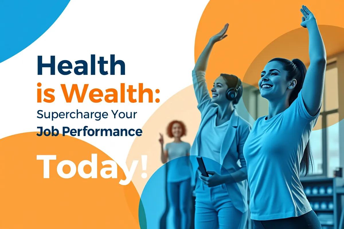 Vibrant social media image with bold text 'Health is Wealth: Boost Your Job Performance Today' and dynamic visuals of people exercising and practicing mindfulness, promoting workplace wellness."