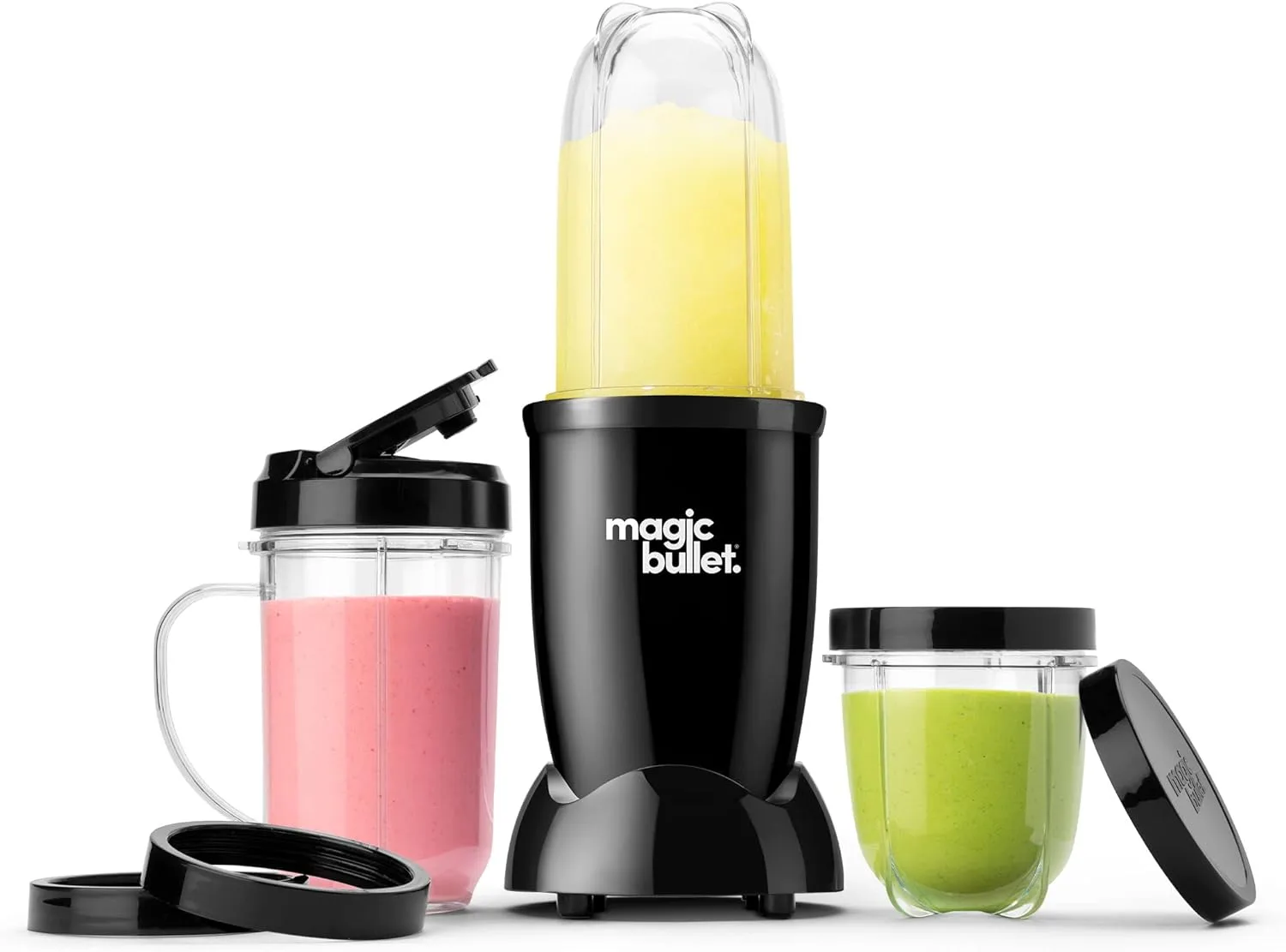 Magic Bullet Blender in black, displayed on a countertop with its compact design and accessories.