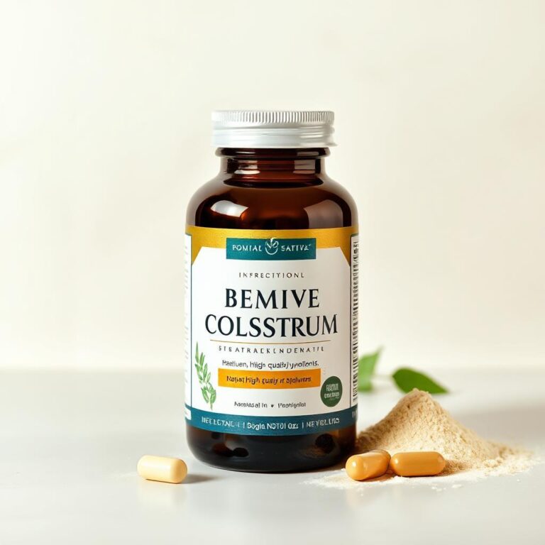 High-quality bovine colostrum supplement bottle on a neutral background, with powdered colostrum and capsules, emphasizing its premium quality and natural ingredients.