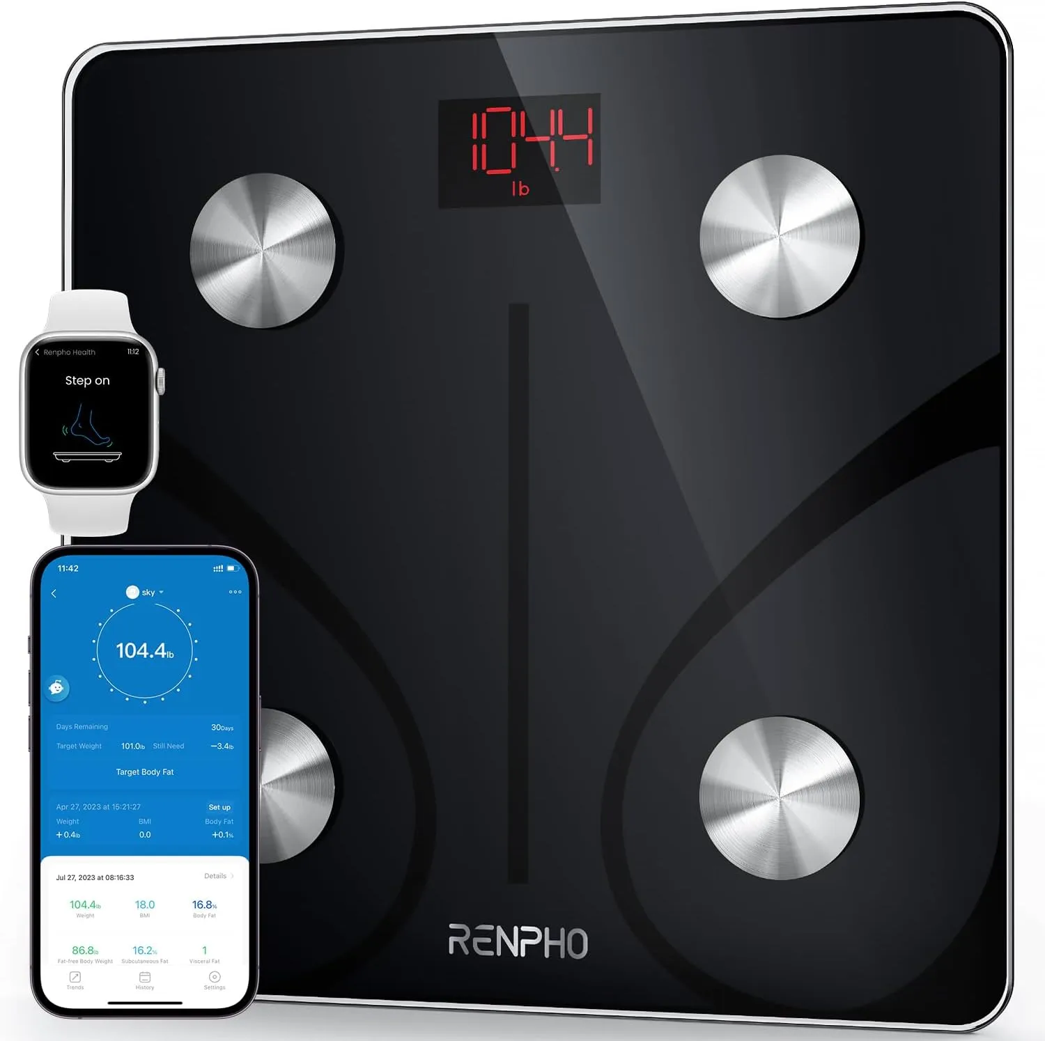 RENPHO Bluetooth Body Fat Scale displaying weight and body composition metrics