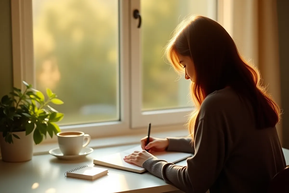 "Person writing in a gratitude journal by a sunny window