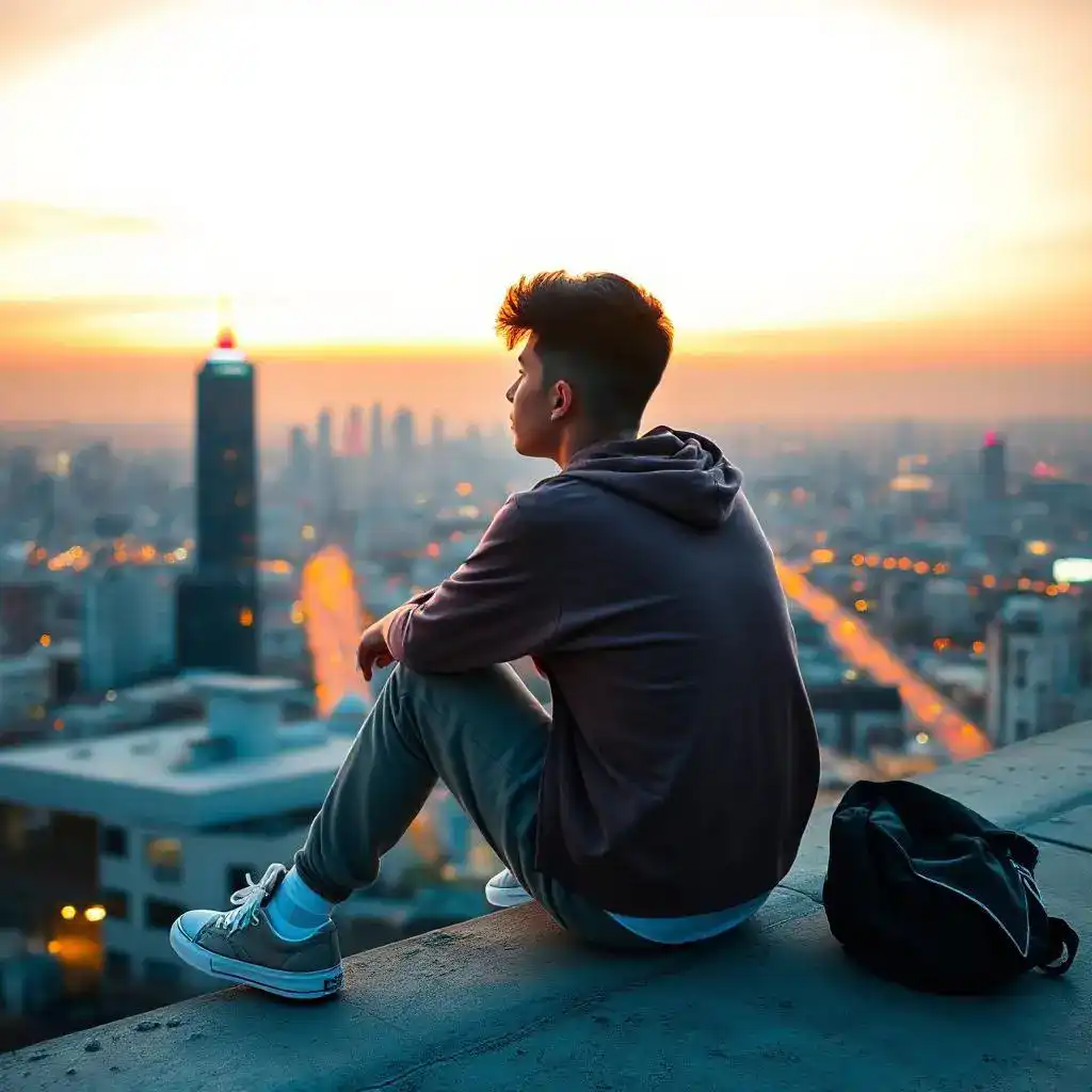 Young person sitting on a rooftop overlooking a vibrant cityscape at sunset.